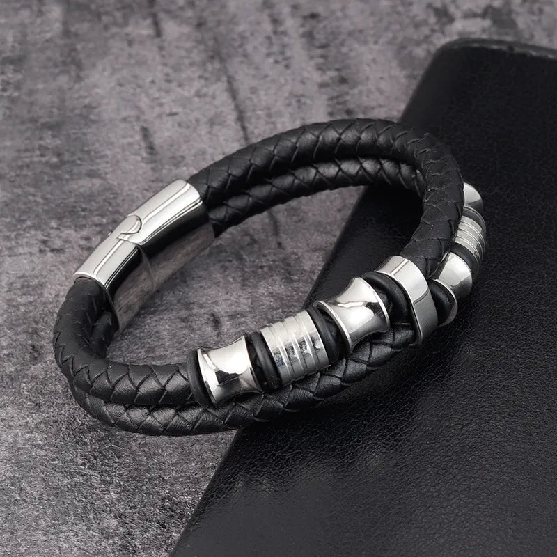 Chic Stainless Steel Woven Leather Bracelet