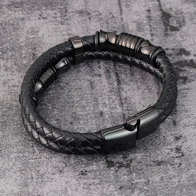 Chic Stainless Steel Woven Leather Bracelet