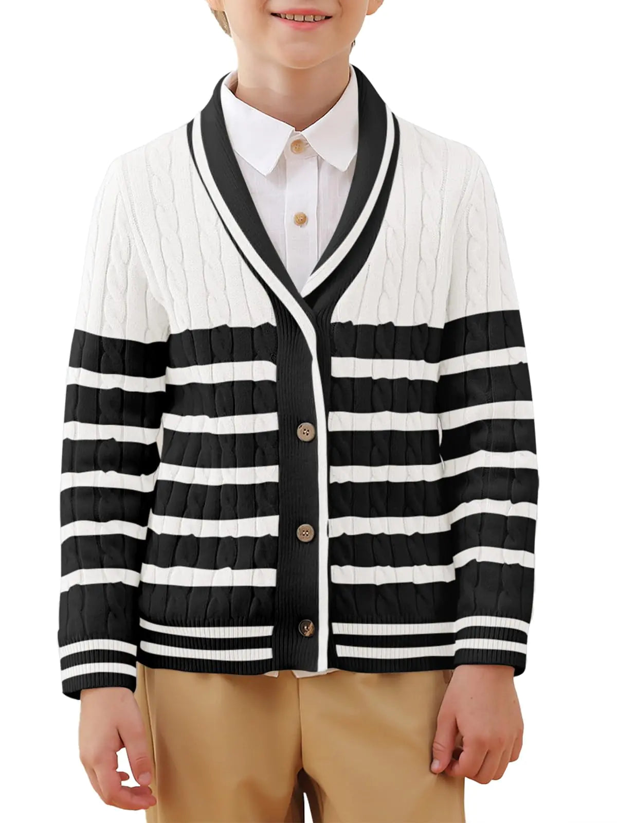 Boys Cardigan Striped Cable Knit Sweater