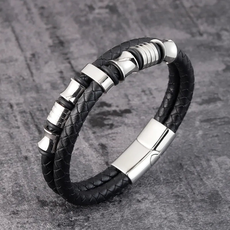 Chic Stainless Steel Woven Leather Bracelet