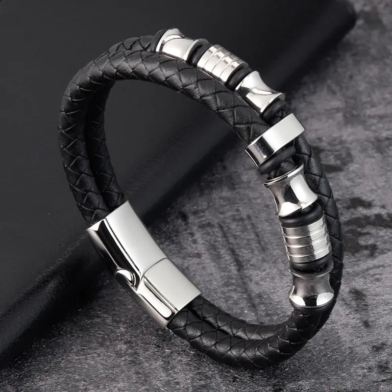 Chic Stainless Steel Woven Leather Bracelet