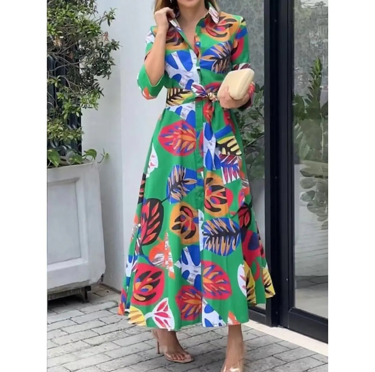 Chic Long Sleeve Printed Shirt Dress